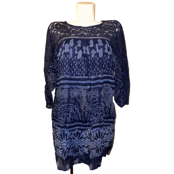 Free People Dresses & Skirts - FREE PEOPLE Top Size M Blue Printed Cotton Lace Trim Printed Mini Dress w/Pocket